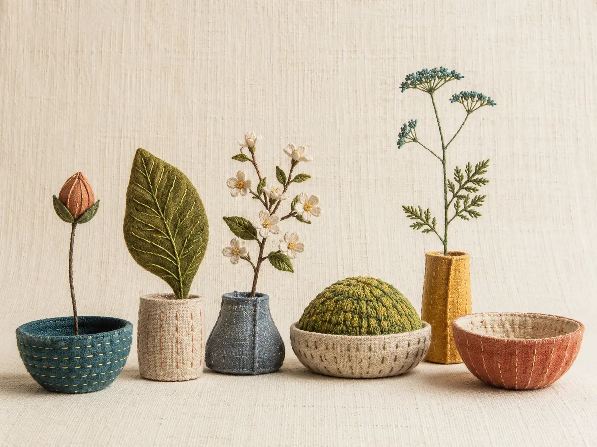 異なる形や高さを比べずに並べた刺しゅうの植物と器