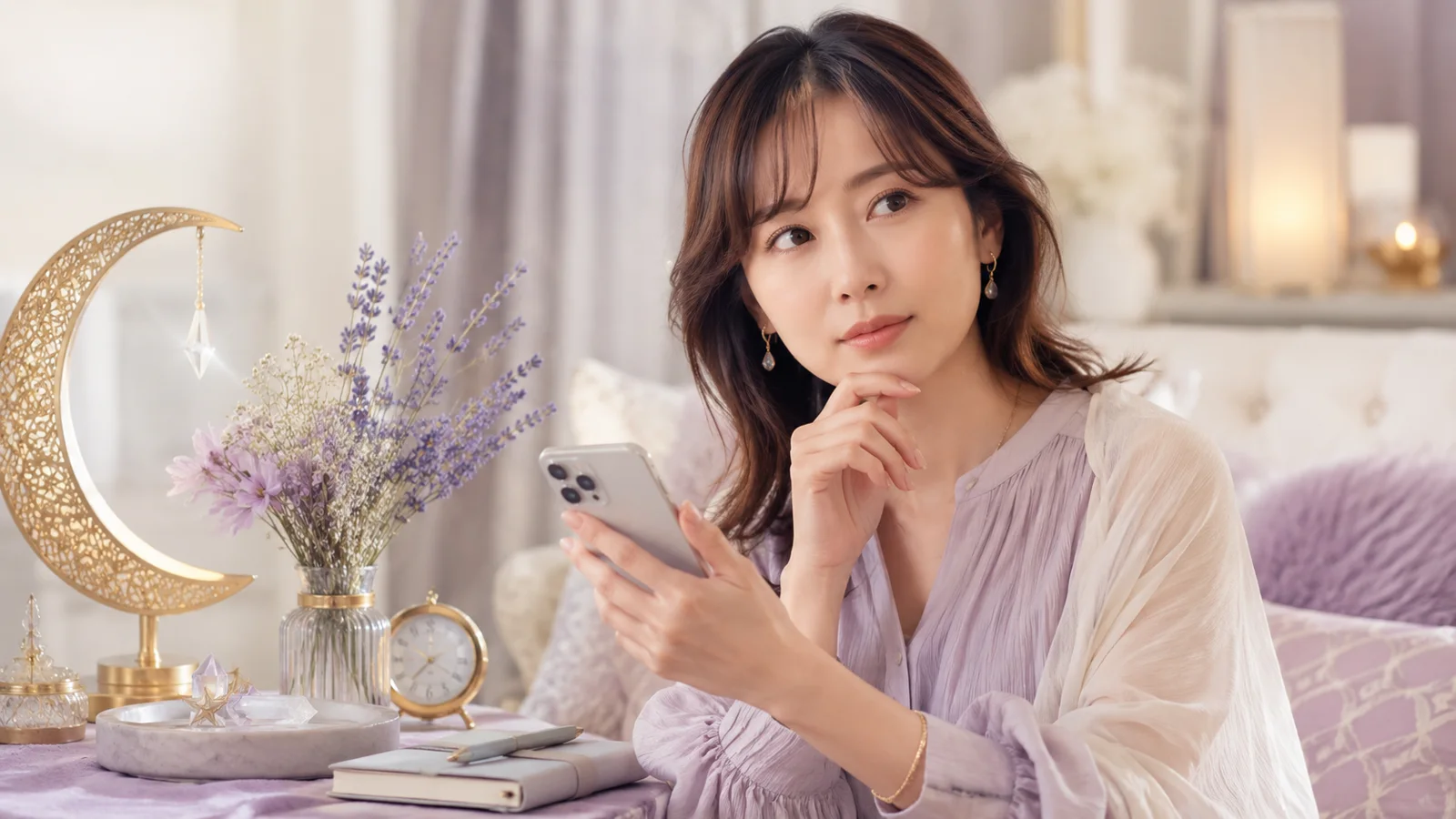 電話占いを初めて利用する前にスマートフォンを手に考える女性