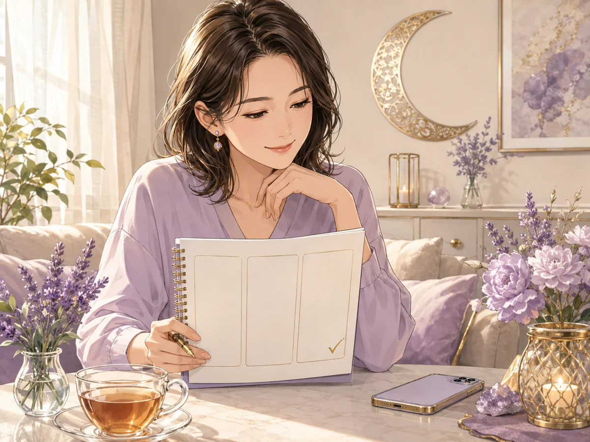 電話相談後にノートを見ながら次の行動を落ち着いて考える女性の漫画