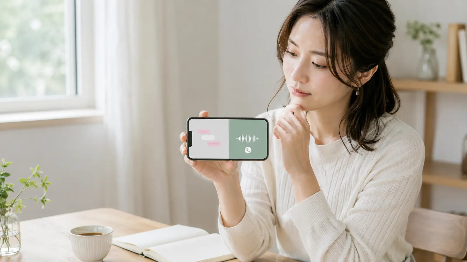 恋愛相談をチャットとスマートフォン通話のどちらで伝えるか考える女性
