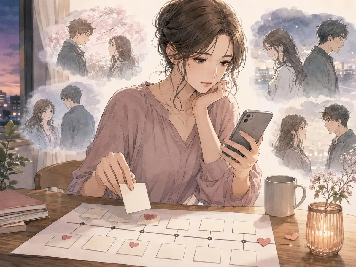 恋愛の経緯を時系列に整理してスマートフォンからチャット相談する女性の水彩漫画