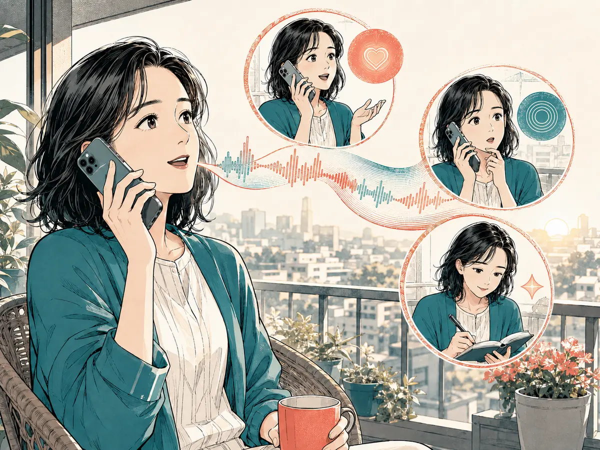 スマートフォンで恋愛相談をしながら質問を深めて要点をメモする女性の線画漫画