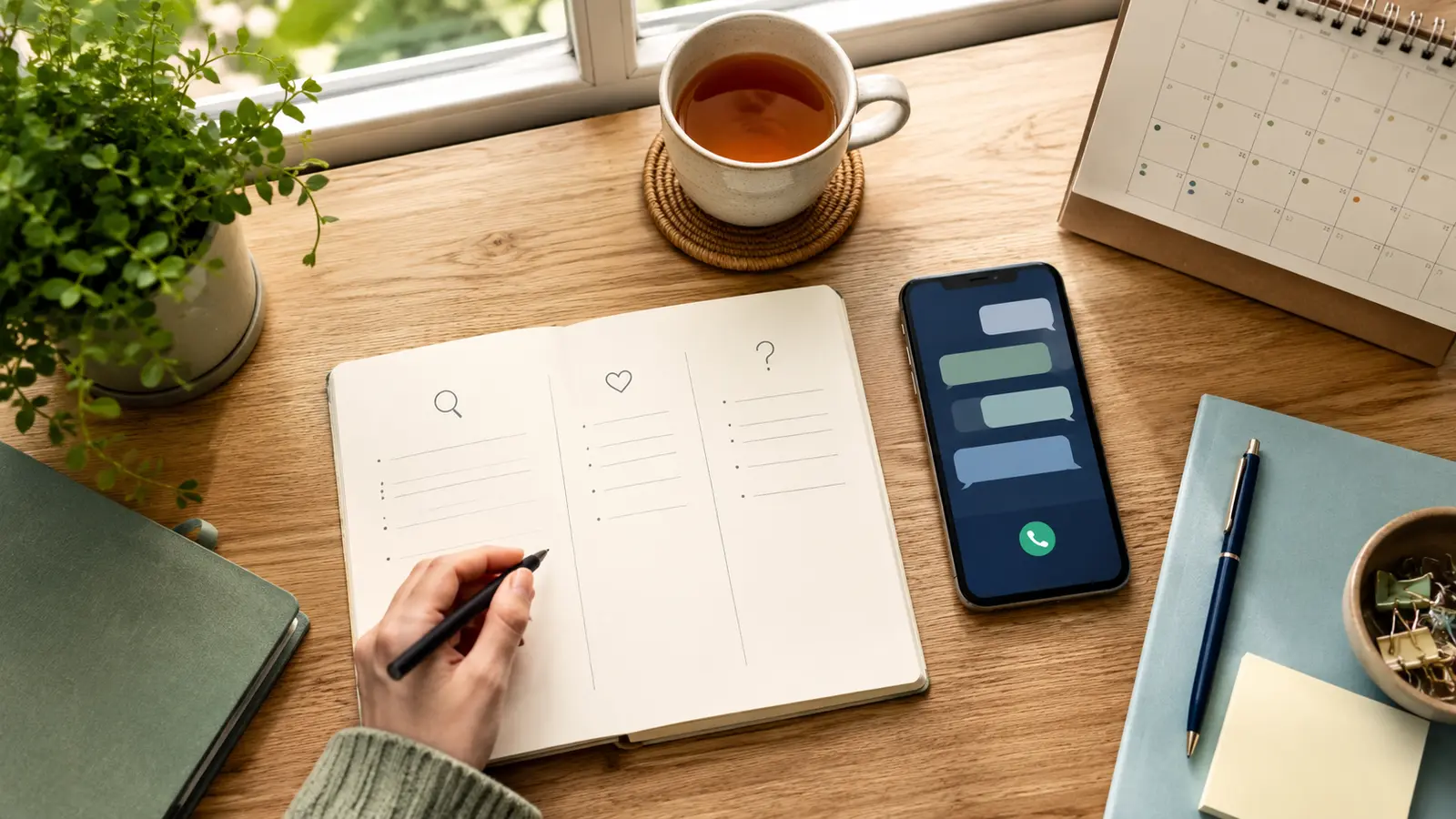 仕事の悩みを事実と気持ちと質問に分けてスマートフォン相談の準備をする机