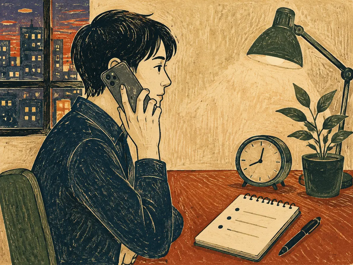 仕事後の静かな部屋で終了時間と質問メモを見ながらスマートフォンで相談する会社員