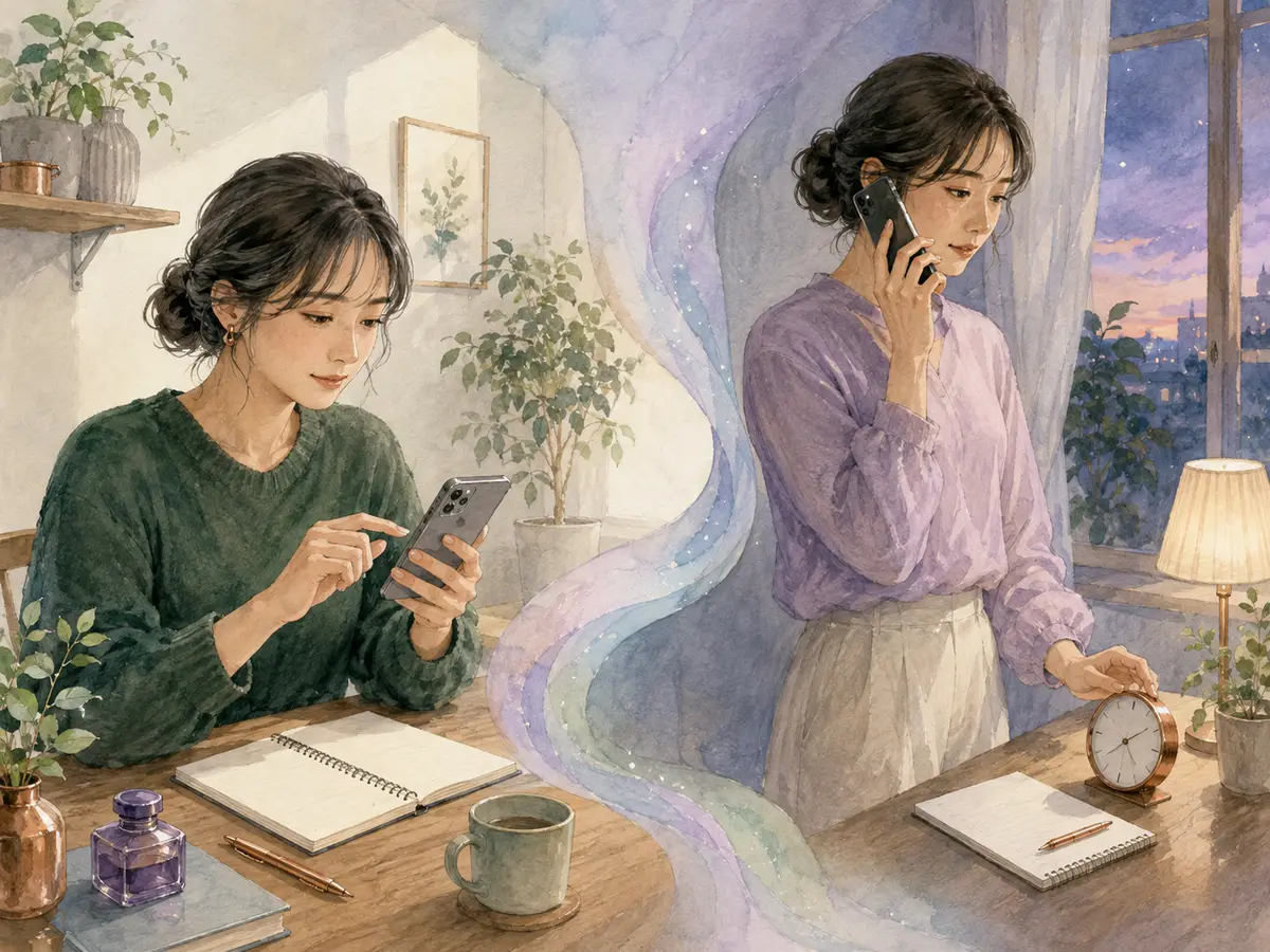スマートフォンで文章を入力する相談と通話で話す相談を異なる姿勢で比べる女性
