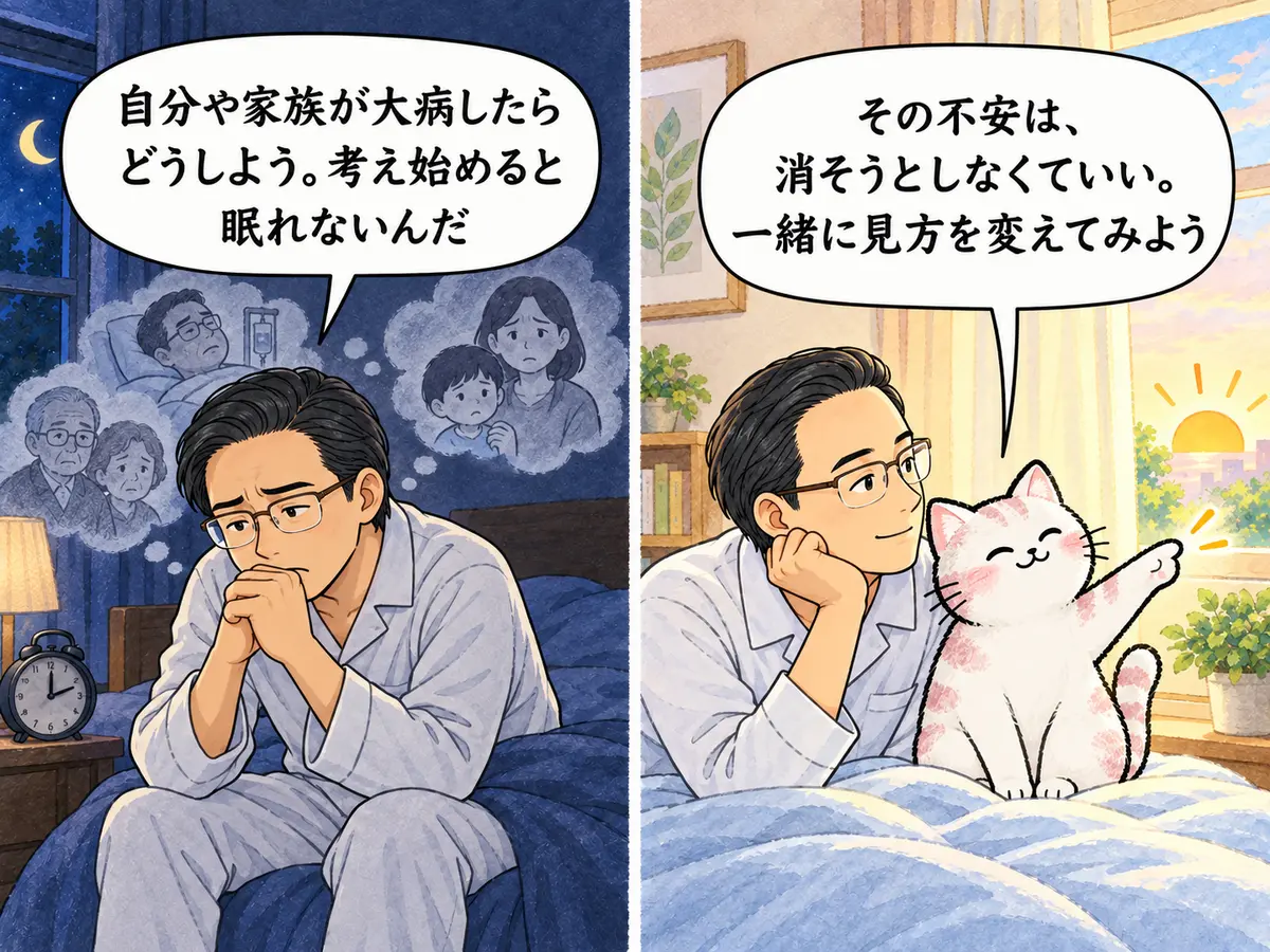 自分や家族の大病を考えて眠れない管理人へ猫が一緒に見方を変えようと語る冒頭二コマ漫画