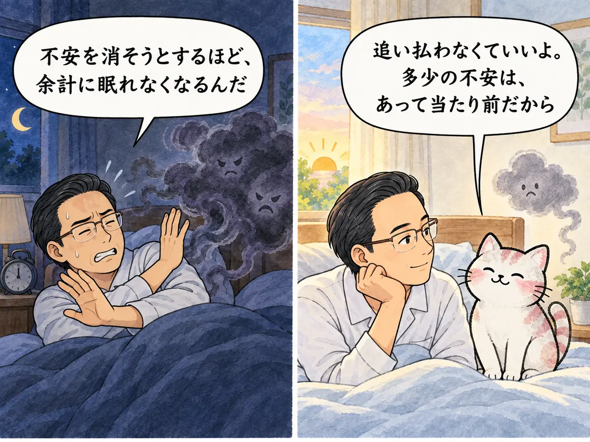 不安を消そうとして眠れなくなる管理人へ猫が多少の不安はあって当たり前だと伝える二コマ漫画