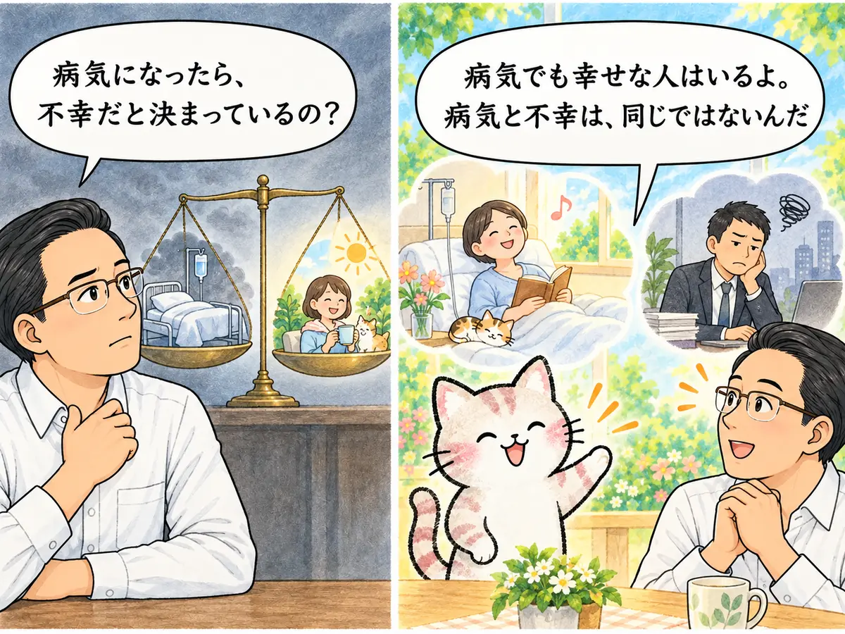 病気と不幸は同じではないと管理人と猫が確かめる二コマ漫画