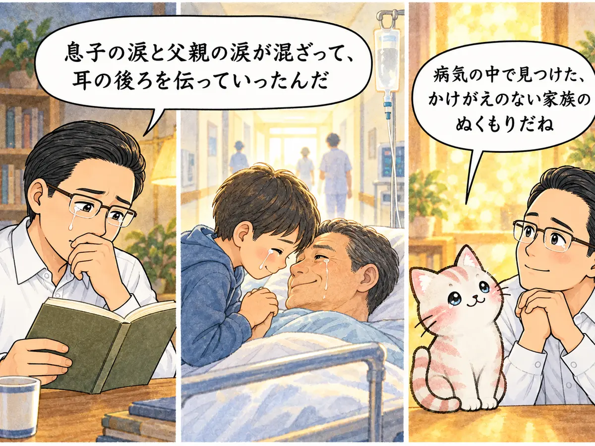 管理人が落語家と息子の涙の話を読み猫と家族のぬくもりを感じる三コマ漫画
