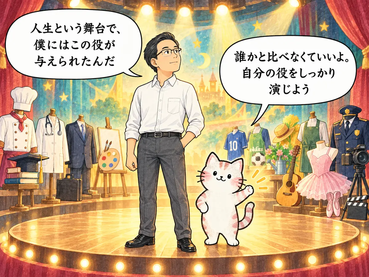 人生という舞台で自分の役を演じようと管理人と猫が確かめる一コマ漫画