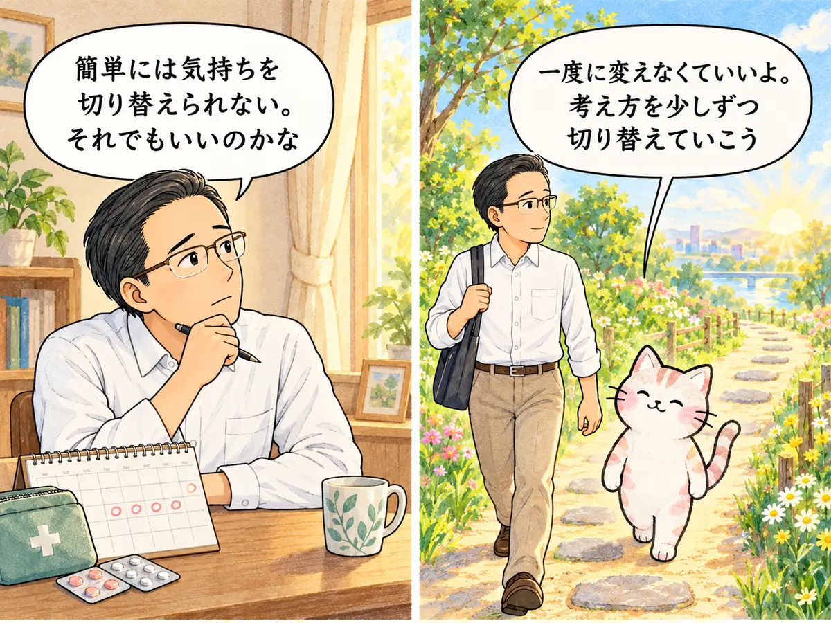 気持ちは一度に変えず少しずつ切り替えればよいと猫が管理人へ伝える二コマ漫画